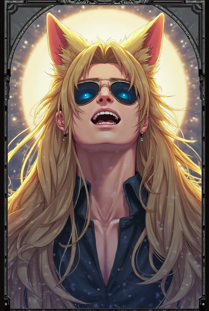 1man Long Hair, High Resolution, Blue eyes, Blonde Hair, Teeth, Fang, Earrings, Horns, Cat Ears, Animal Ears, Large, Border, Zoom Layer, Sunglasses, Backlighting, 3D Rendering, Art Deco, Apocalypse, god ,war