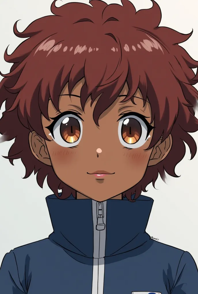 A dark-skinned girl with slightly short curly hair, a reddish-brown color, with brown eyes, more or less large lips, since she is in the Blue Lock anime universe who is like the characters from the Blue Lock anime and wears the uniform of the Blue Lock tea...