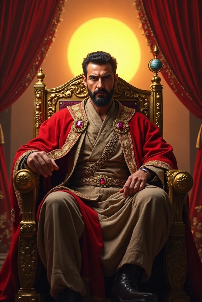 A majestic emperor ,  sitting on a golden throne ,  with a serious and authoritative expression .  He wears a red cape with gold trim ,  closed clothing,  with a ruby brooch on his chest .  His hair is black and well-groomed ,  with a well-defined beard . ...