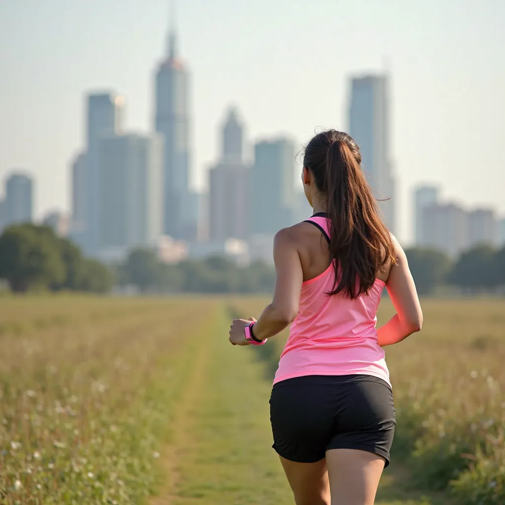 Plan of a distant city that has many huge and modern skyscrapers. Closer is a young woman ( with your back to the camera) who is running to the city in the middle of a field (30-year-old woman, white, the flag, With very thick thighs, very big and round bu...