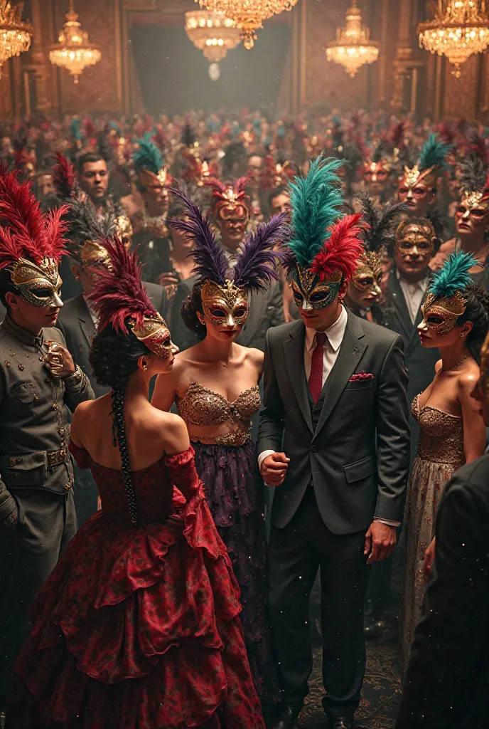 A crowd wearing masquerade masks on their face 