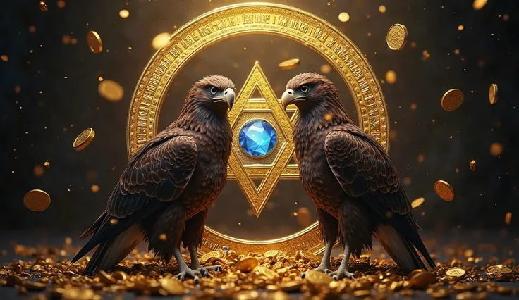 Create a stately and realistic eagle, positioned on its side (profile),  in a dark environment, therefore, with several gold coins, bright and well-defined falling from the sky, with divine lights in the background. The image has an esoteric symbol in the ...