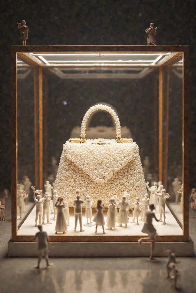 “A grand reveal of a luxurious pearl handbag inside a glass display case. Tiny figures gather around in admiration, some taking photos while others showcase the handbag like a precious jewel. The scene radiates elegance and exclusivity, highlighting the be...