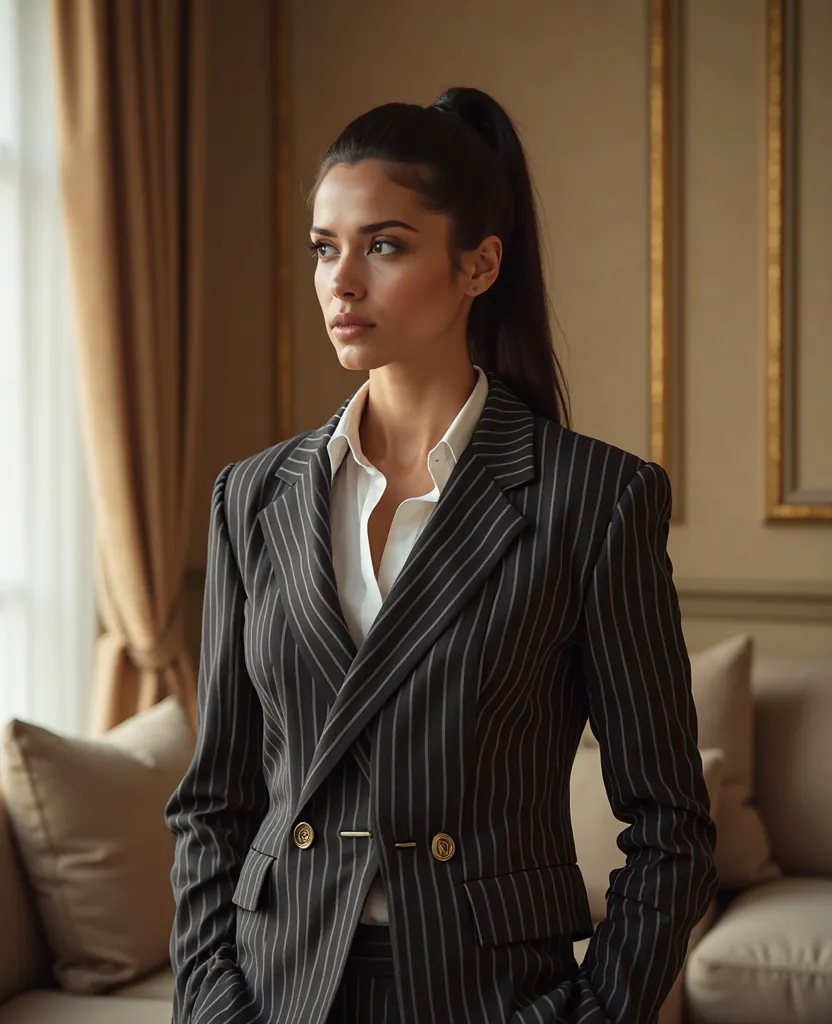  character standing with arm extended , dark hair ( Neck length hair tied in a ponytail ), Nice pose,  Handsome man ,  pretty face, royal elegant pose,  businessman , (With a striped blazer), ( The surrounding environment is a luxurious and classic living ...