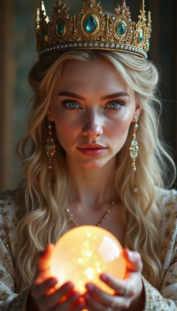 norse goddess,Looking forward close-up wearing a crown, Holding a magic crystal ball,Wearing gorgeous jewelry and gorgeous clothes, casting spells, best quality, 4K resolution, Flawless face, in a luxurious palace, Superrealisticart)