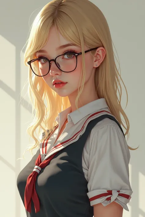 Draw me a blond girl who dresses like a schoolgirl with glasses, her lips and chest are beautiful, her skirt is short and her hips are thin.