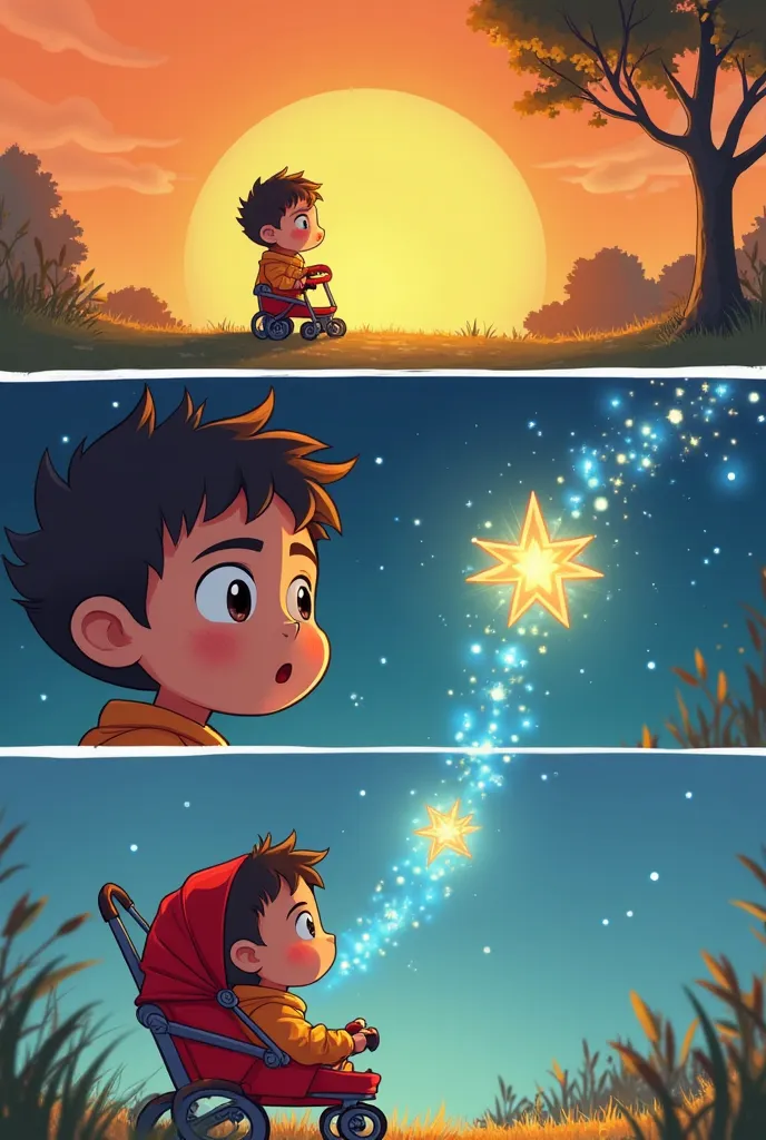 Comic page with 3 panels.  First Panel : sunset in the backyard, orange sky. Murilo playing alone with his red stroller. SECOND PANEL: close on Murilo's face with a surprised expression, wide-eyed looking up at the sky.  Thought bubble : "what is that?" TH...