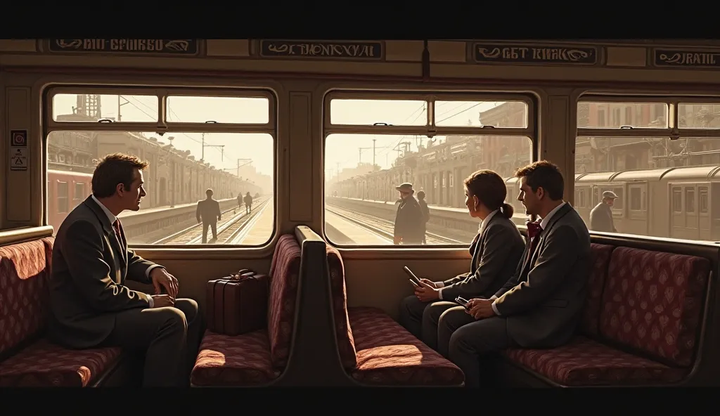 Inside the old train carriage, the station is visible in the windows during the day