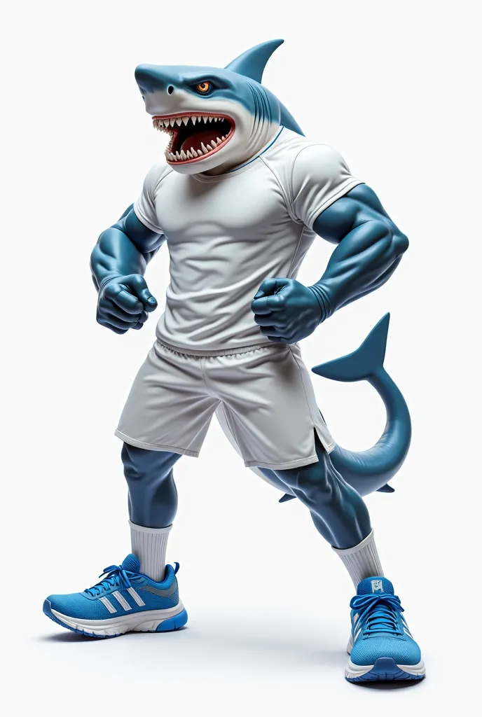 "Create an image mascot shark, The shark is wearing a completely white shirt, white shorts, and white socks. blue running shoe, The shark has an angry expression, standing tall with its fists clenched in a powerful pose, but please make the background whit...