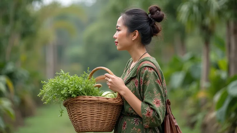 Focus on a woman named Julia A 30 year old indonesian woman, hair in neat bun, striding with a vegetable basket on her back. Julia is seen wearing a green kebaya dress and brown knitwear batik knee-length, and her expression looked busy but calm