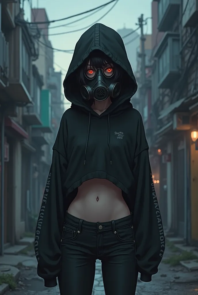 Anime girl, in the street, in the evening, wearing a gas mask, black hooded hoodie, long sleeves, exposed midriff and belly button, facing the viewer, black jeans