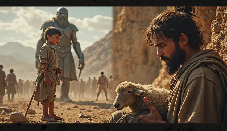 Create a dramatic split-screen image. On one side, depict a young boy, David, holding a stone with determination in his eyes, dressed in simple shepherd’s clothes, with a sling at his side. The background should suggest an open battlefield, evoking the leg...