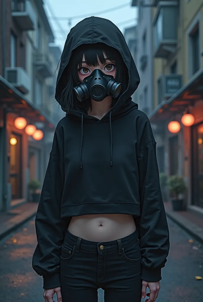 Anime girl, in the street, in the evening, wearing a gas mask covering the face, black hooded hoodie, long sleeves, exposed midriff and belly button, facing the viewer, black jeans