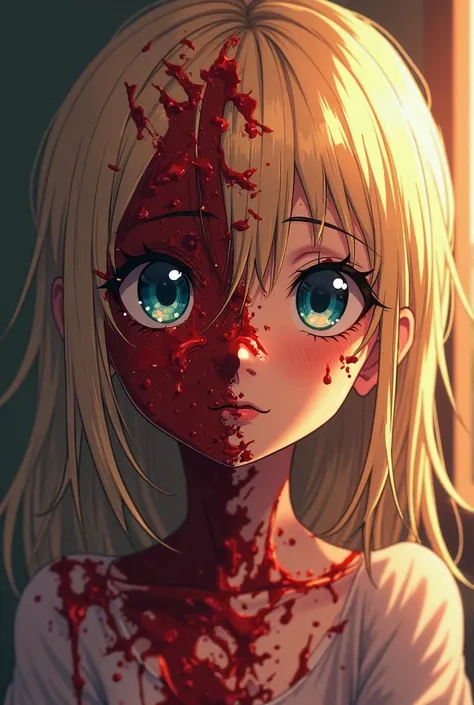 I want a picture of a girl whose right half is melted and there is blood all over it and it is burnt and it looks terrifying. The other half is a very beautiful girl with blond hair and blue eyes and she looks cute in an anime way and her face is terrifyin...