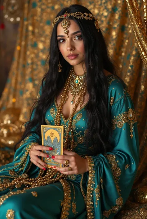 Beautiful gypsy straight black hair jewelry long red eyes penetrating eyes emerald blue and gold festive costumes with holding the tarot card and falling gold sitting in an enchanted gold chest long embroidered skirt mystical setting extremely jeweled in h...