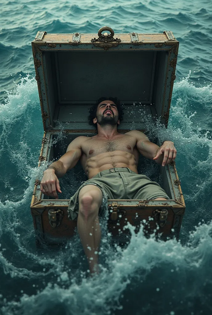 Make a realistic photo of a Man in a Chest in the background of a terrified living ocean make the photo very realistic make the photo with the man inside the terrified chest 