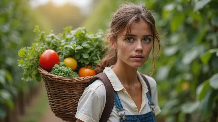 Focus on a woman named Julia who steps up carrying a vegetable basket on her back. Julia was seen wearing simple clothes, and her expression looked busy but calm. hyper-realistic, high contrast, high color effect, 8k, detail, focus.