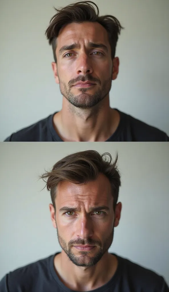   A Man, in front of the camera, With the expression calm and serene.   A Man, in front of the camera, with an irritated and impatient expression.