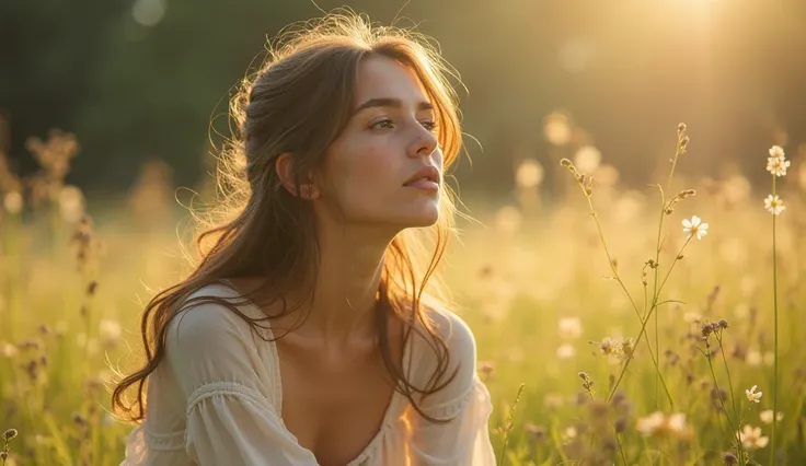 A realistic portrait of a young woman, sitting alone in a sunlit meadow, slightly distant from the viewer, her gaze softly lost in the distance, immersed in a sense of quiet reflection and gentle longing. Her expression conveys serenity touched by subtle m...