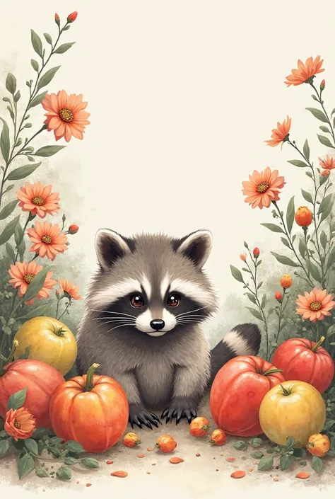 raccoon, fruit and flowers illustration with Chinese ink 