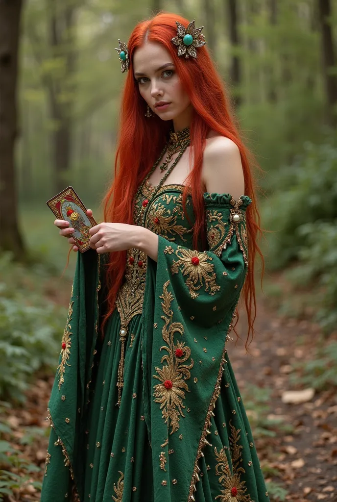 Beautiful gypsy straight red hair long red jewelry piercing eyes emerald green and gold festive costumes with holding the tarot card and falling gold sitting outdoors Enchanted Forest long skirt embroidered mystical scenery extremely jewels in her hair she...