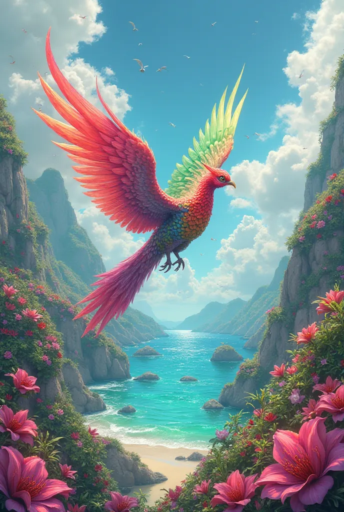 Island with colors: red, pink, green, blue and flying bird