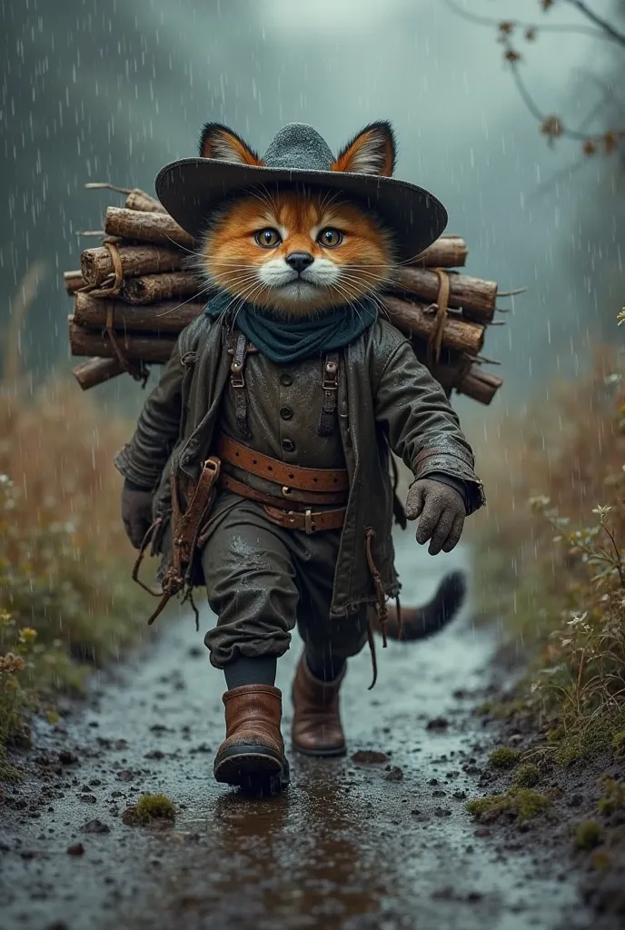 A determined Puss in Boots, wearing his signature hat and boots, walks through a muddy, rain-soaked path, carrying a bundle of firewood on his back. His fur is drenched, his eyes showing exhaustion and resilience. His stylish outfit is tattered and wet fro...