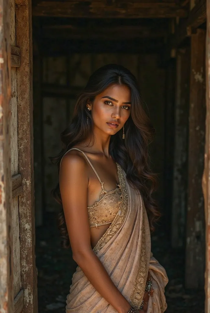 photo of a Beautiful Indian Woman with white fair Skin, Wearing a low cut saree without blouse cleavage and navel exposed and is inside a barn, she's tired and her saree is torn