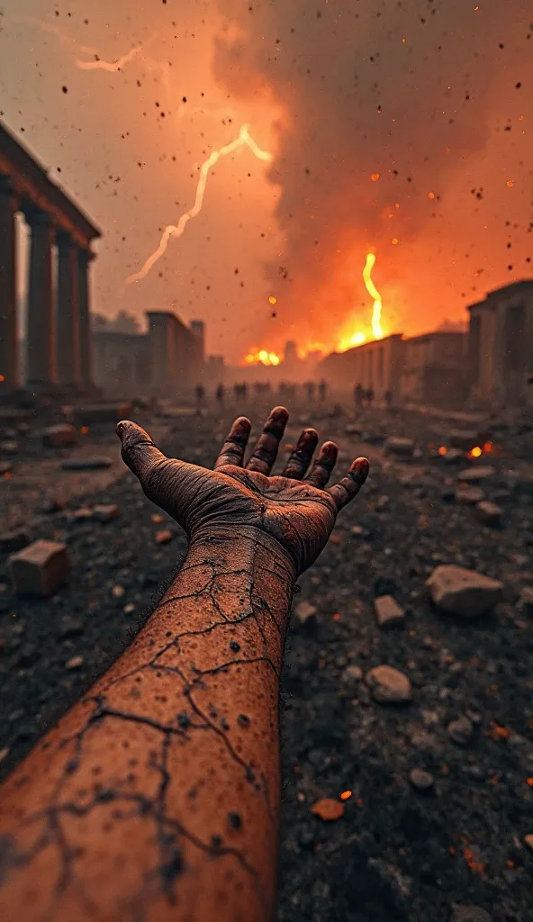 "A first-person perspective from ground level in the ruins of Pompeii during the catastrophic eruption of Mount Vesuvius. The viewer's arm is stretched out on the ash-covered ground, burned and covered in black soot, with cracked, blistered skin. The air i...