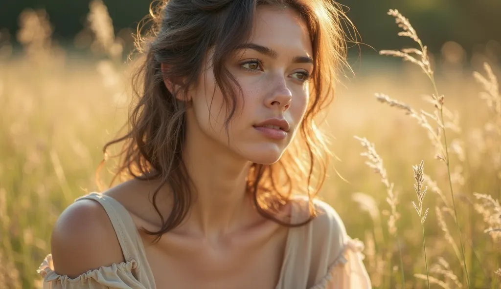 A realistic portrait of an attractive young woman, sitting alone in a sunlit meadow, slightly distant from the viewer, her gaze softly lost in the distance, immersed in quiet reflection and gentle longing. Her beauty is natural yet enhanced by soft, elegan...