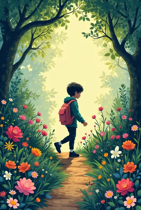 Cover for a ren's book,  in colors , with animals and lots of flowers, a path and in the background the silhouette of a  walking 