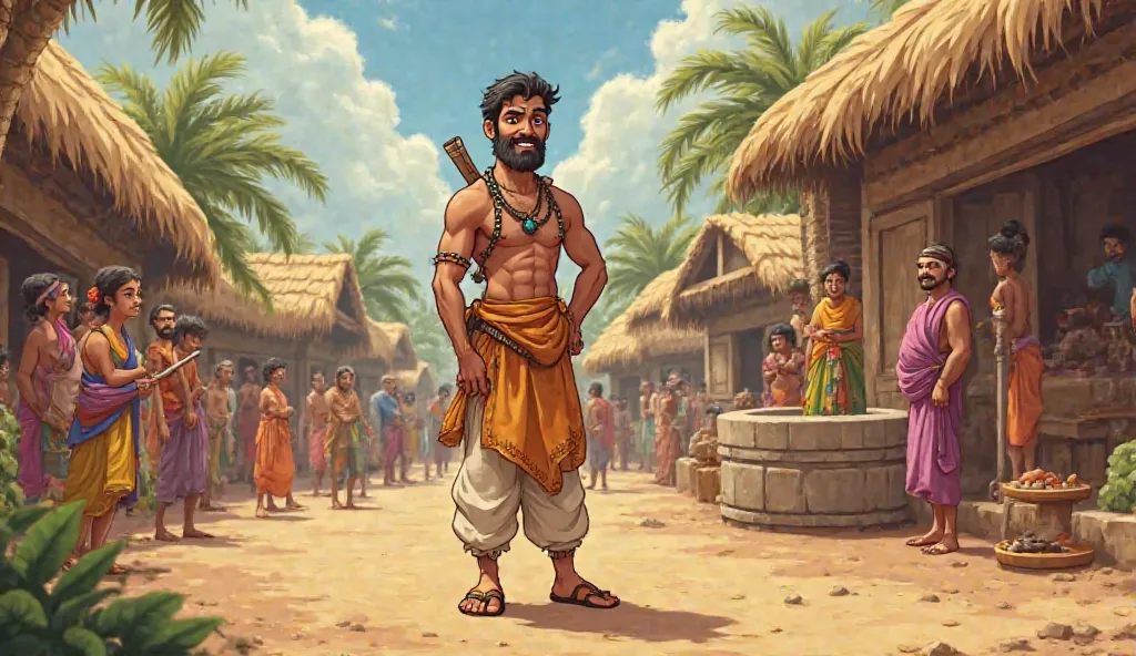 Every image consistent character cartoon style : The Notorious Thief
A cunning thief named Shankar, dressed in a faded kurta and dhoti, stands in a crowded village market, smiling slyly as he observes innocent villagers. The background features small huts,...