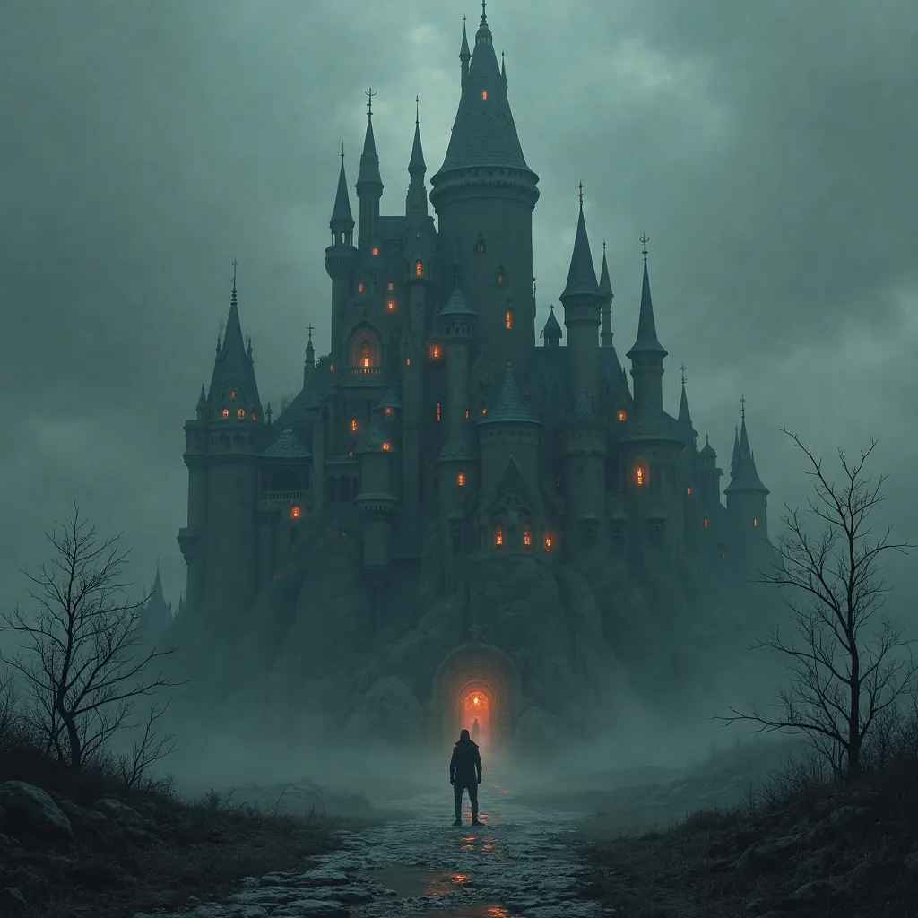 Dark and disturbing castle with negative colors style backrooms without people
