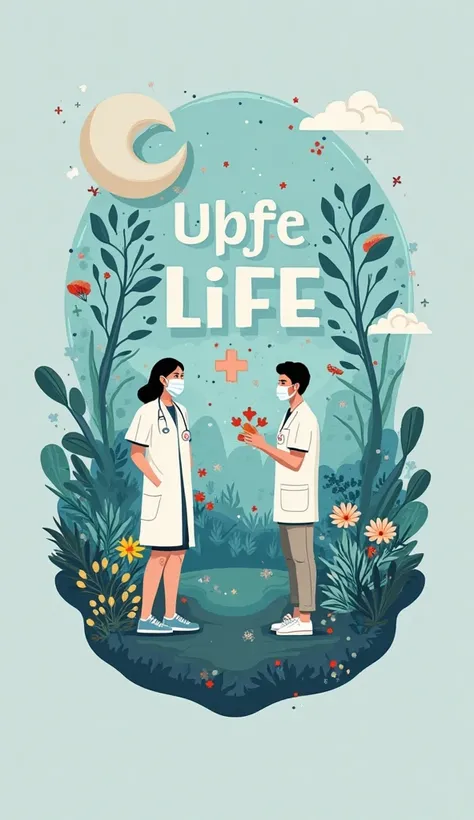  Create an image with the phrase: "Medicine cures man, já a Medicina Veterinária cura a Life"

1. **Bottom**: Use an image that represents the connection between humans and animals, like a doctor and a veterinarian side by side, or a nature scene with anim...