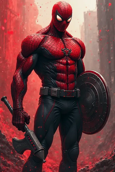 A Marvel's symbiote with a hero nature that copied and assimilated all of the avengers. The color is a vibrant beautiful red. He is holding a Mjolnir done of the symbiote's matter in one hand and a SHIELD on the other