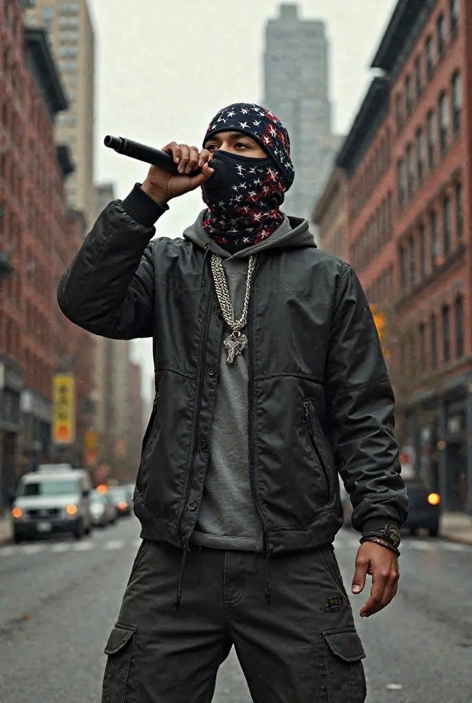 A masked rapper with an American balaclava holding a microphone in his hand in the street 