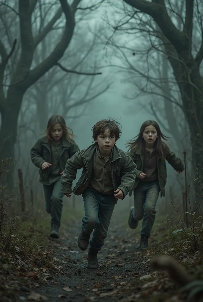 "A young boy and two girls are running through an abandoned forest, their faces filled with fear and desperation. The dense, overgrown trees cast eerie shadows, and the fog lingers in the air, making the path ahead uncertain. The ren’s clothes are torn and...