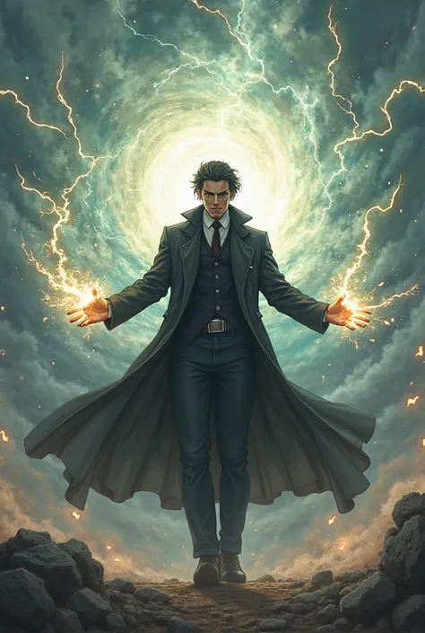 Man in a trench coat doing an anime kamehameha 