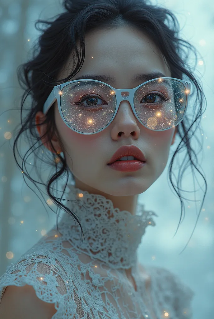 The model is wearing glass sunglasses with stars and the moon on the glass