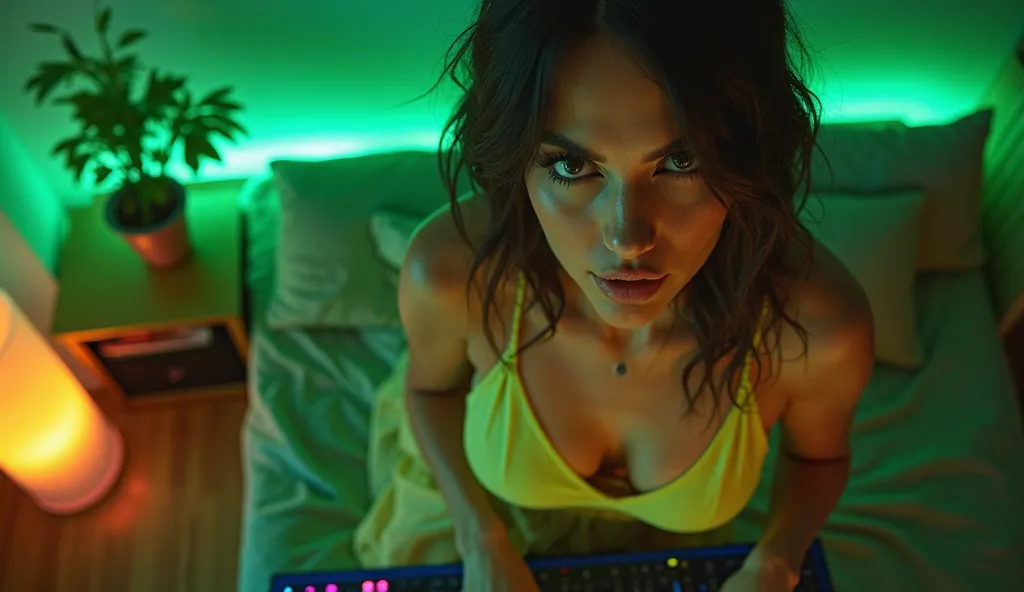 a high quality photo of a sexy beautiful woman with natural beauty with a light yellow dress with big boobs. She is a dj playing music in her cosy dark bedroom with gentle green lighting and neon lights. The camera is on top of the room watching her from a...