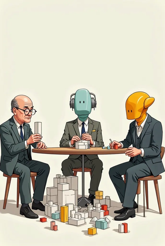 . A humorous cartoon depicting three famous architects with ren's bodies but their real heads, each sitting alone and playing construction games that represent his architectural style. يتميز المشهد بتباين واضح بين الأساليب الهندسية الدقيقة والفوضوية العضوي...