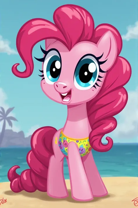 with a character from the animated television series "My Pony: Friendship is Magic". The character is Pinkie Pie, hair with expressive blue eyes and a cheerful expression. She has voluminous, is wearing a bikini 