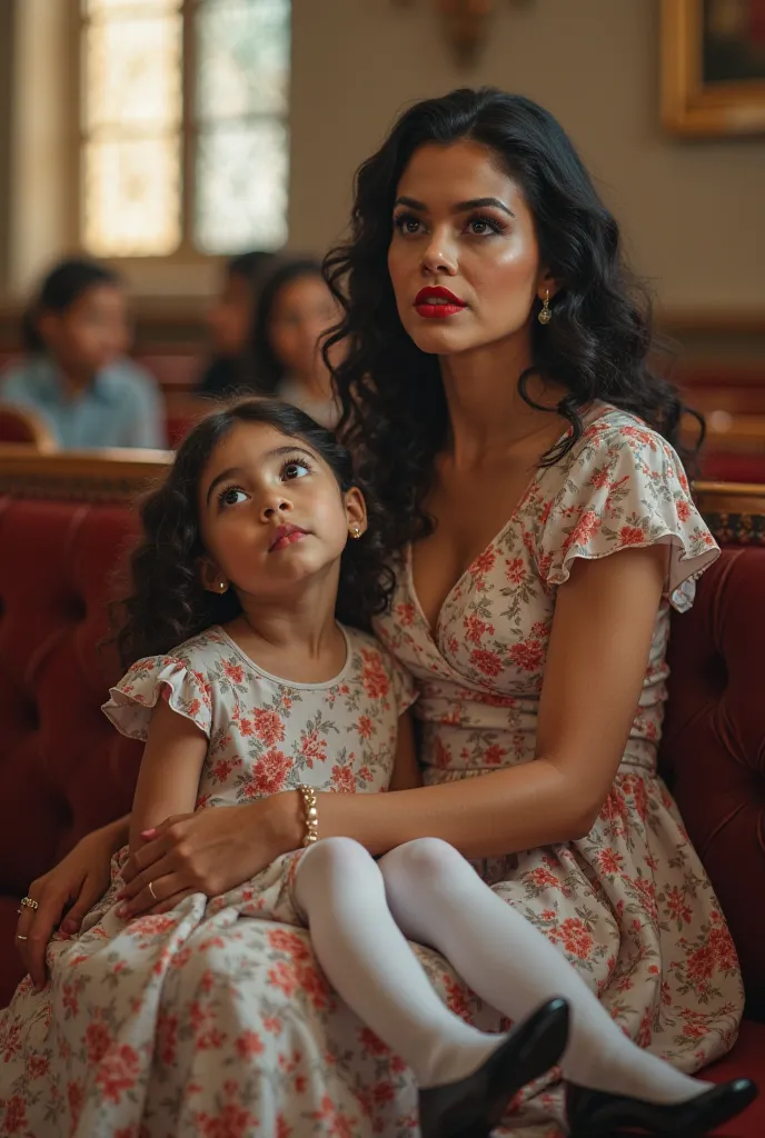 gorgeous mother and young daughter latina makeup red lipstick 80s flower dress glossy  white tights and black high heels sitting in kingdom hall 