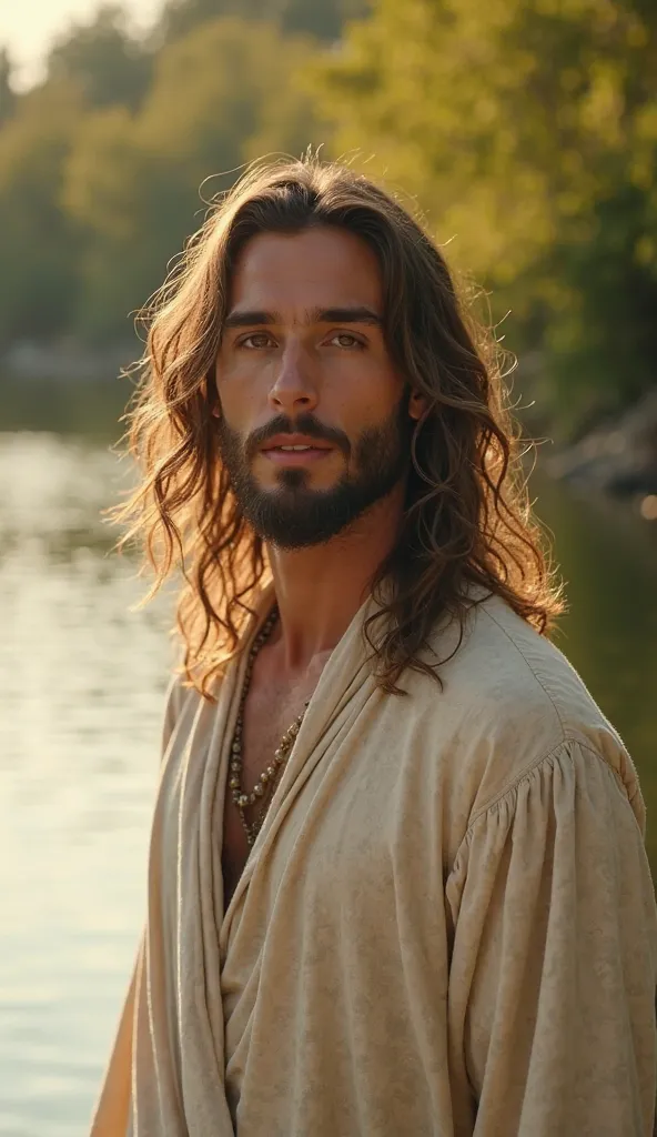 Ultra-realistic, cinematic 8K. Jesus stands by the edge of a calm river, his youthful face serene, eyes deeply focused on the camera. His long, wavy brown hair moves slightly with the breeze. Soft golden sunlight highlights his features, casting gentle sha...