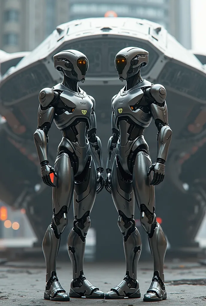 Two male humanoid robots posing in front of their bad ass spaceship

