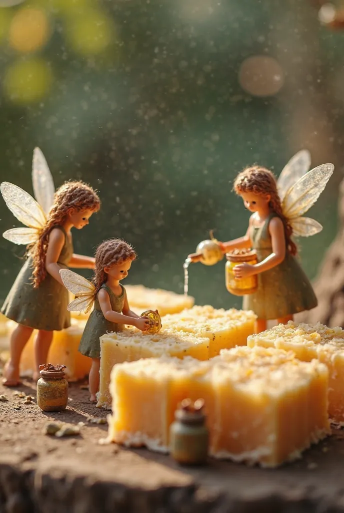 Animate this, photo to make it more realistic: let the miniature workers move naturally,One fairy gently adds fragrant oil from the bottles, watching the process. Another slowly stirres the soap mass with a spatula, create smooth patterns. Several helpers ...