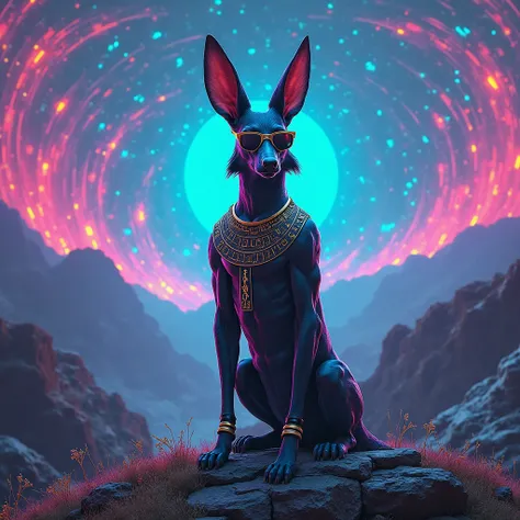 God Anubis posing for photo with sunglasses landscape with neon light