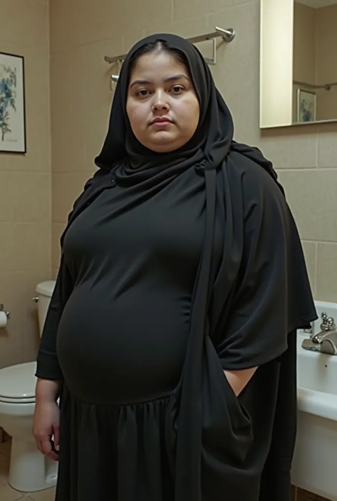 A fat girl should be born, at the age of 11, with white skin. The picture should be in a large bathroom. The girl should wear a black hijab. She also wears
The cloak is black. The abaya should be tight and tight to the girl's body,
Part of the breast shoul...