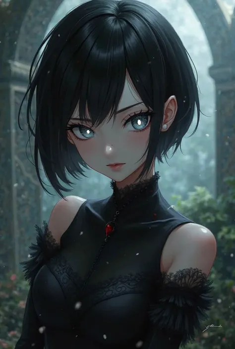 A black-haired girl from the fair-skinned vampire anime white eyes short hair black clothes with a boob