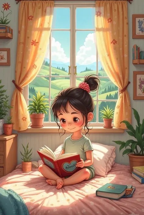 Cartoonish white girl reading a book in her room with a window in the back with a beautiful landscape and her room very well arranged